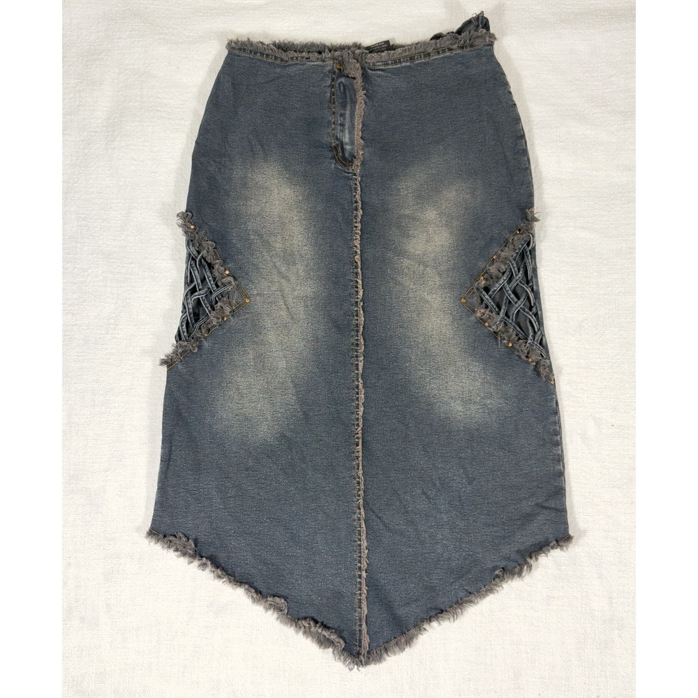 Crest Y2K Women's Denim Midi Boho Western Frayed Hem Hippie Skirt Stretch Sz 7/8